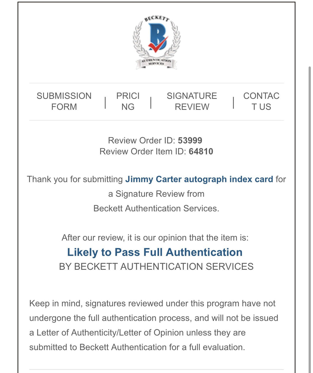 JIMMY CARTER * Beckett Signature Review * Autograph Signed 3x5 Cut Index BAS