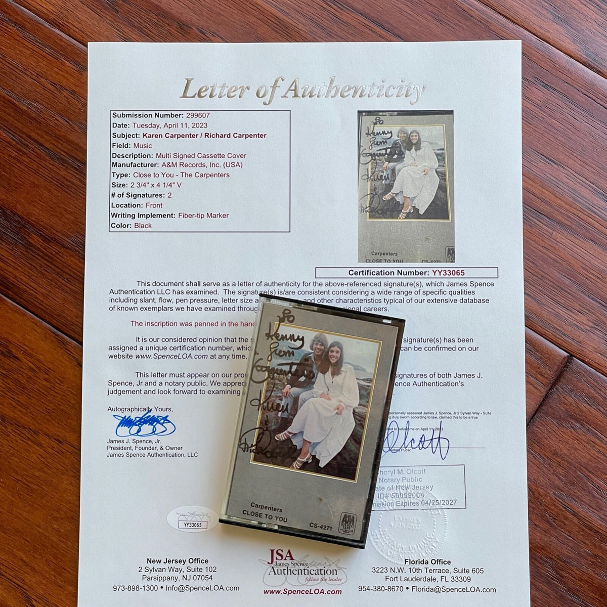 CARPENTERS * JSA * Karen & Richard Autograph CLOSE TO YOU Cassette  Tape SIGNED