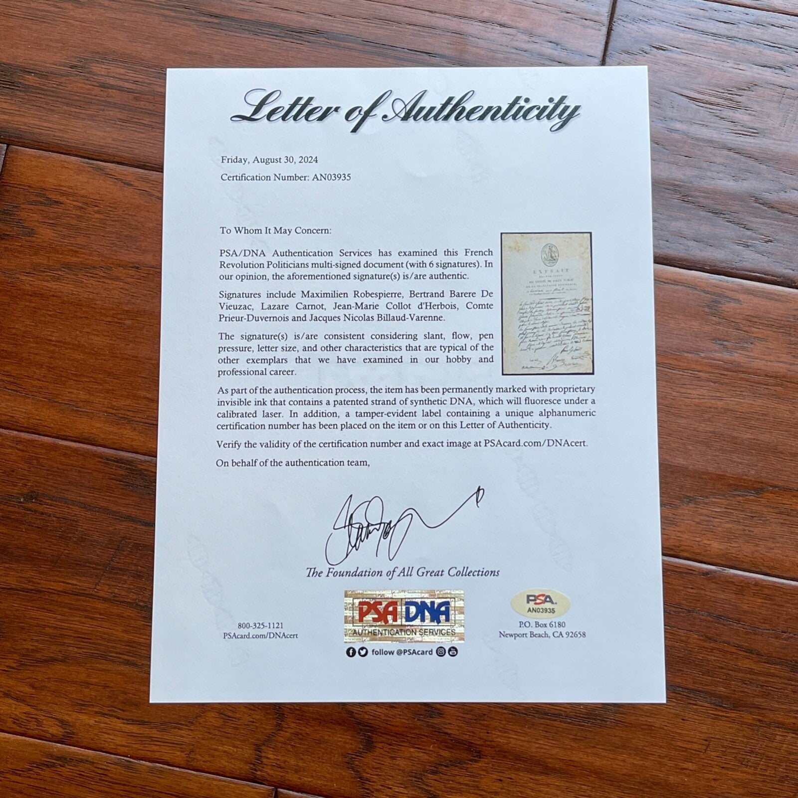 MAXIMILIEN ROBESPIERRE * PSA * Autograph "REIGN OF TERROR" Public Safety SIGNED