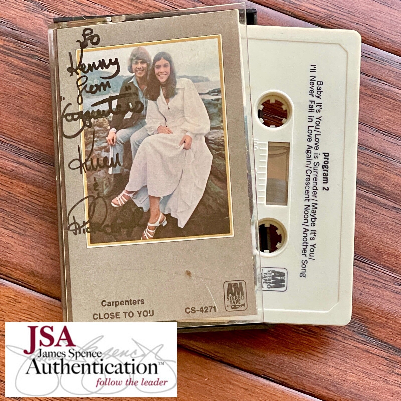 CARPENTERS * JSA * Karen & Richard Autograph CLOSE TO YOU Cassette  Tape SIGNED