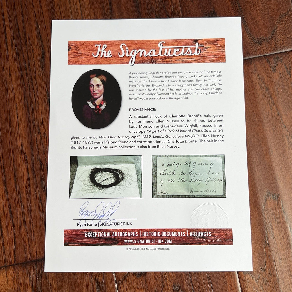 CHARLOTTE BRONTË * "Jane Eyre" Author Authentic Genuine HAIR STRAND Ellen Nussey