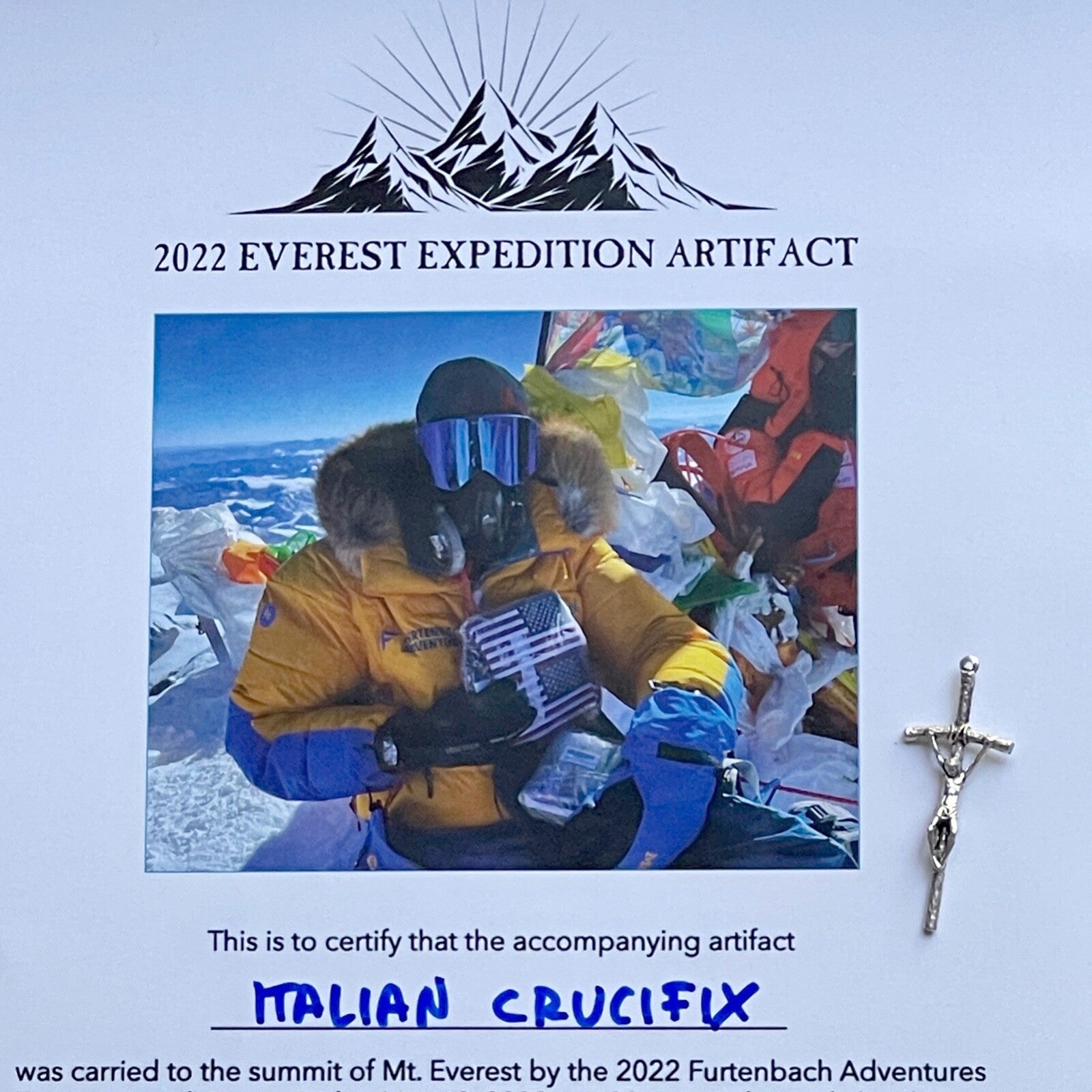 MOUNT EVEREST Genuine Crucifix Cross ARTIFACT Carried to the Summit * 29029 FT