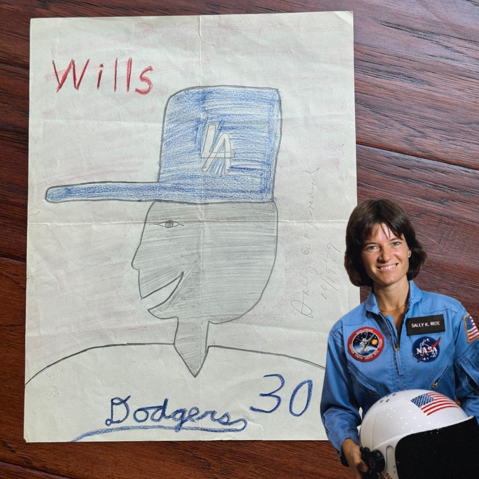 SALLY RIDE * Ride Estate Signed COA * Childhood DODGERS Drawing EX: Smithsonian