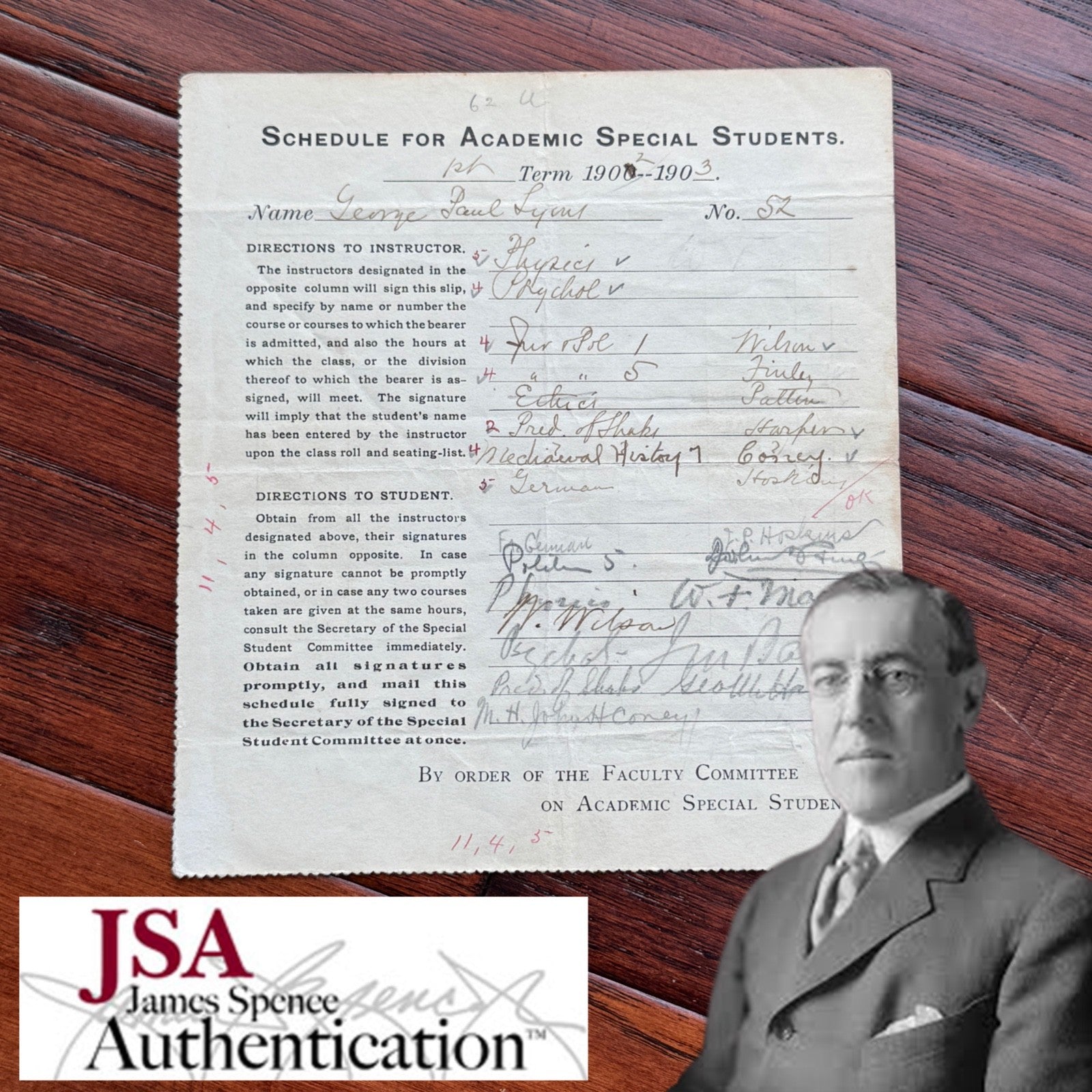 WOODROW WILSON  * JSA * Autograph PRINCETON Academic Schedule SIGNED 2x