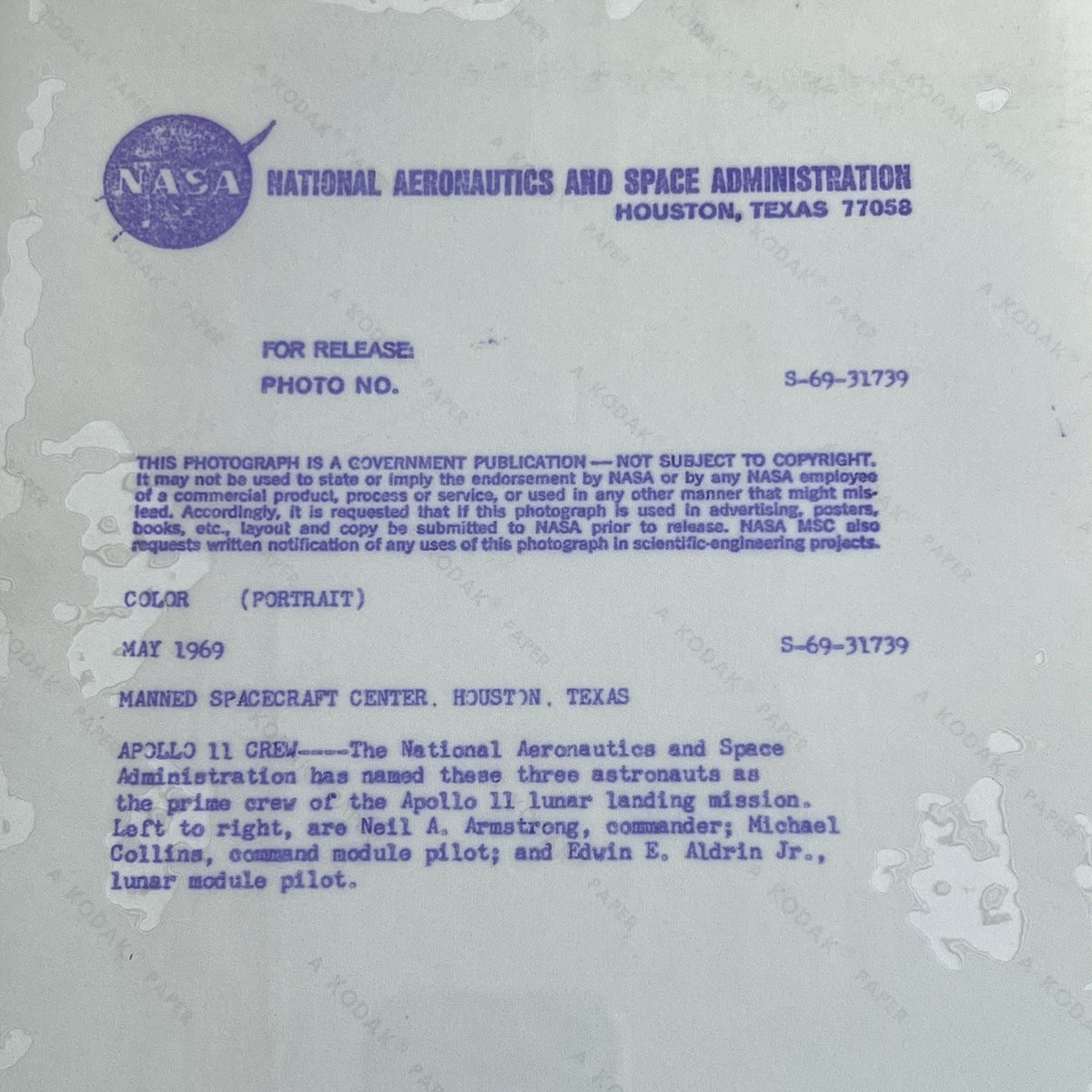 APOLLO 11 CREW * PSA TYPE 1 PHOTOGRAPH * NASA  1969 Neil Armstrong S6931739