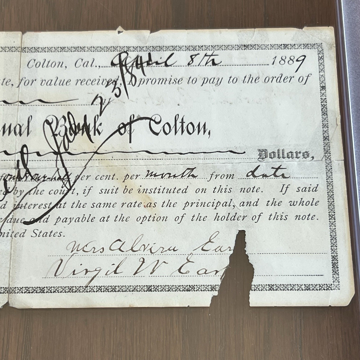 VIRGIL EARP * PSA * OK CORRAL Marshal AUTOGRAPH Loan Document SIGNED WYATT Bro