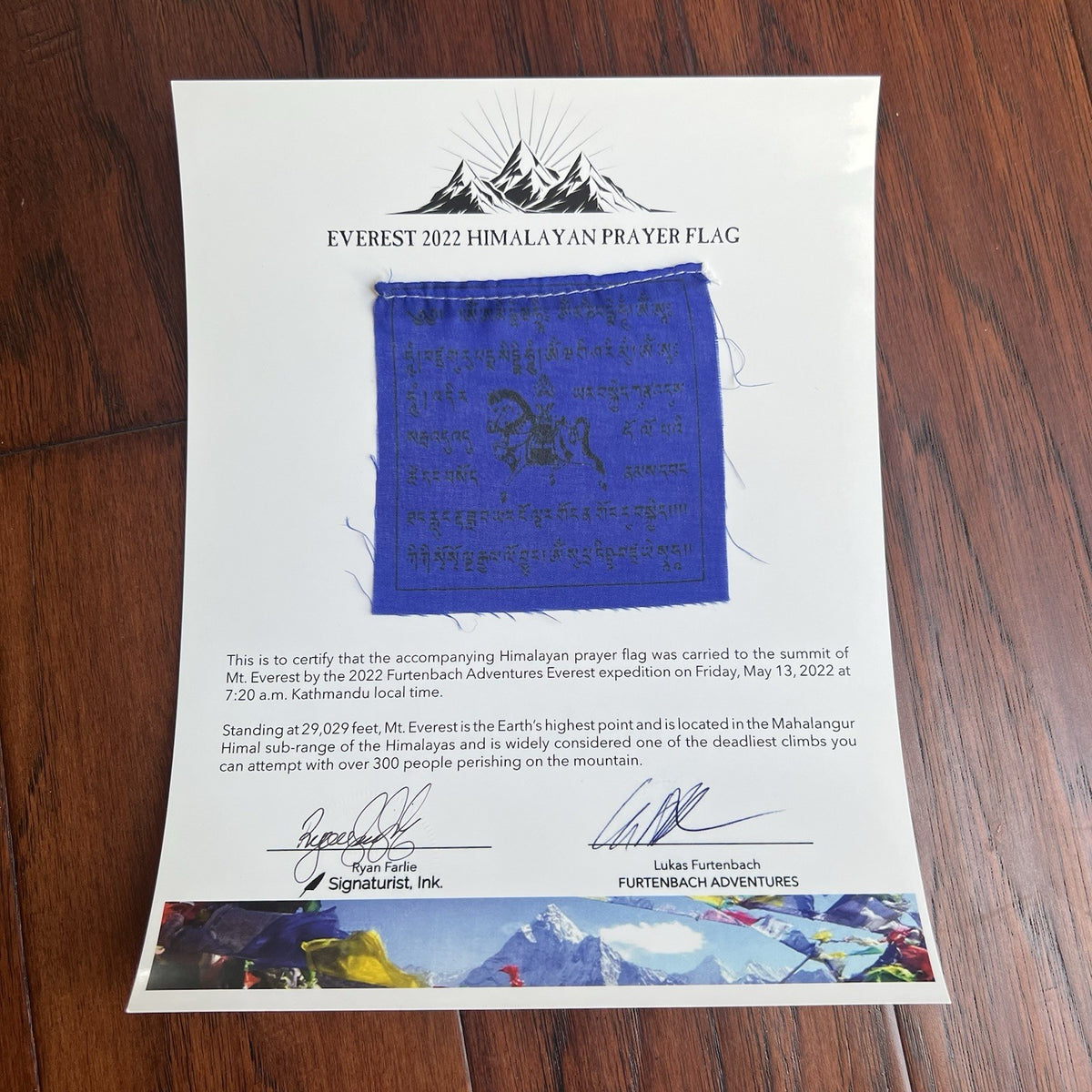 MOUNT EVEREST Genuine Tibetan PRAYER FLAG Carried to the Summit 29029 FT * Nepal