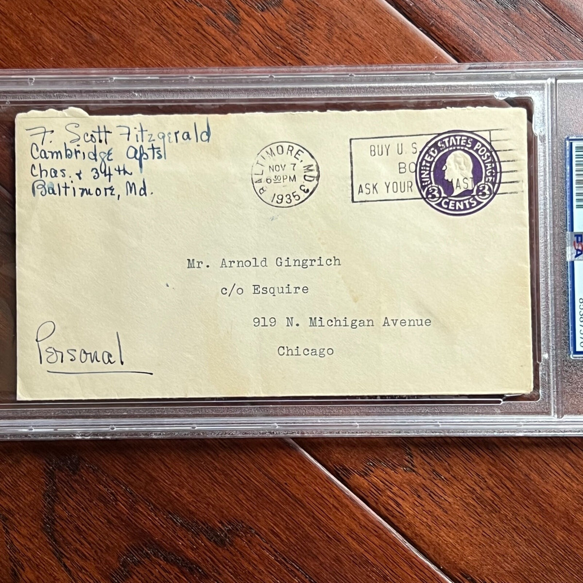 F. SCOTT FITZGERALD * PSA * Autograph Handwritten Envelope Signed and Addressed