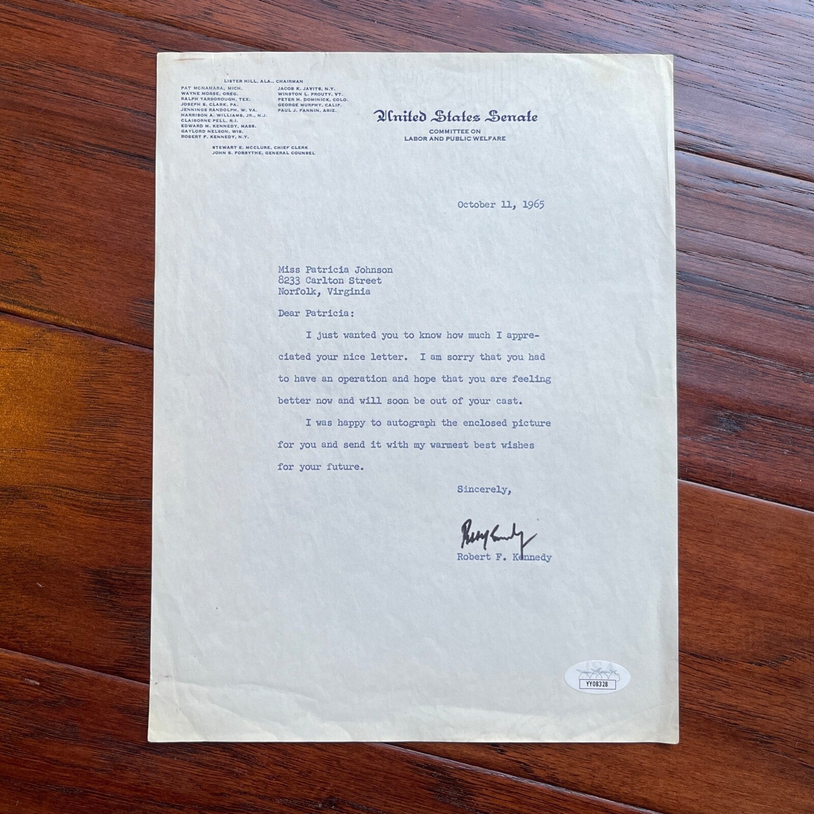 ROBERT F. KENNEDY * JSA * Autograph U.S. SENATE Letter SIGNED * RFK