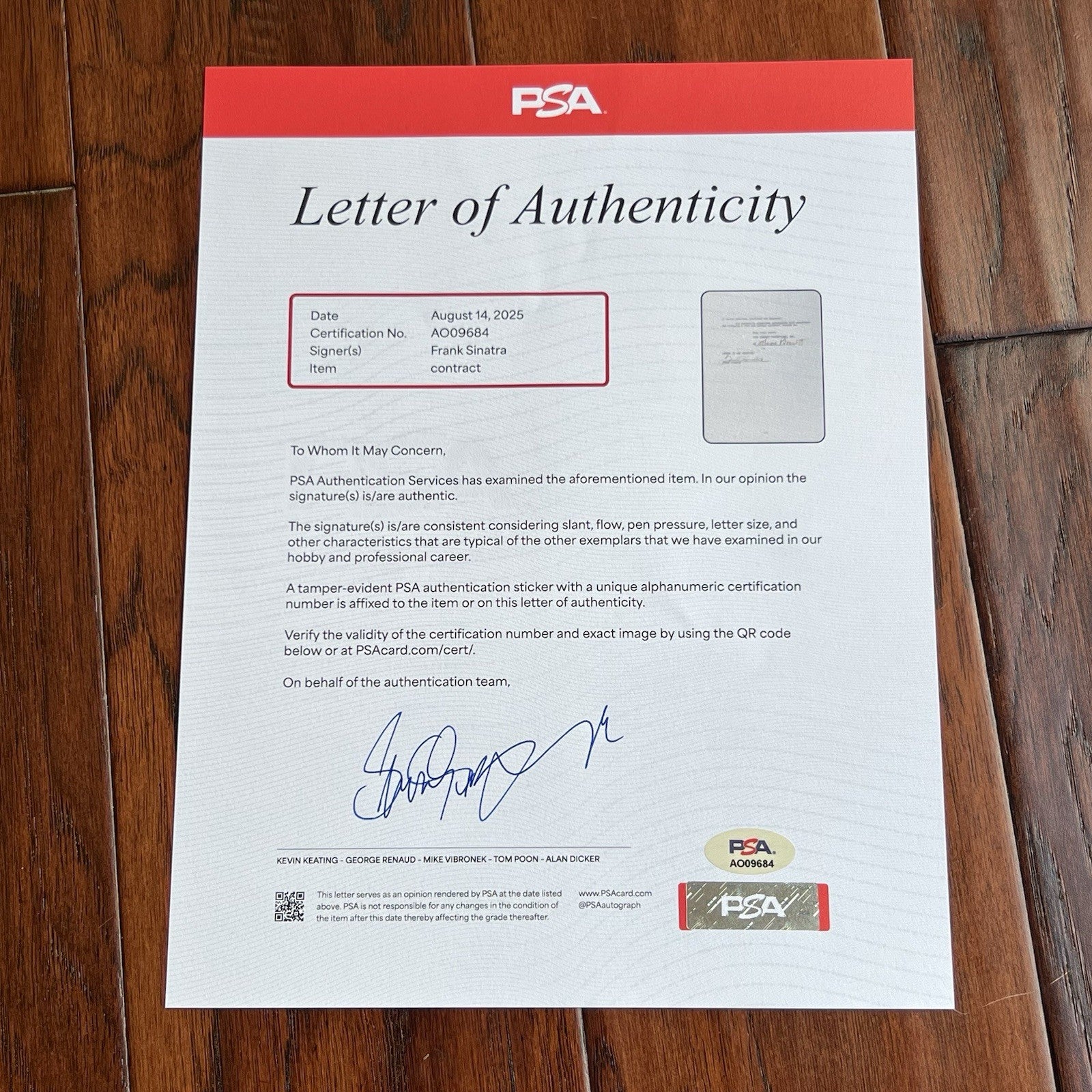 FRANK SINATRA * PSA * Autograph Movie Contract Signed Devil at Four O'Clock