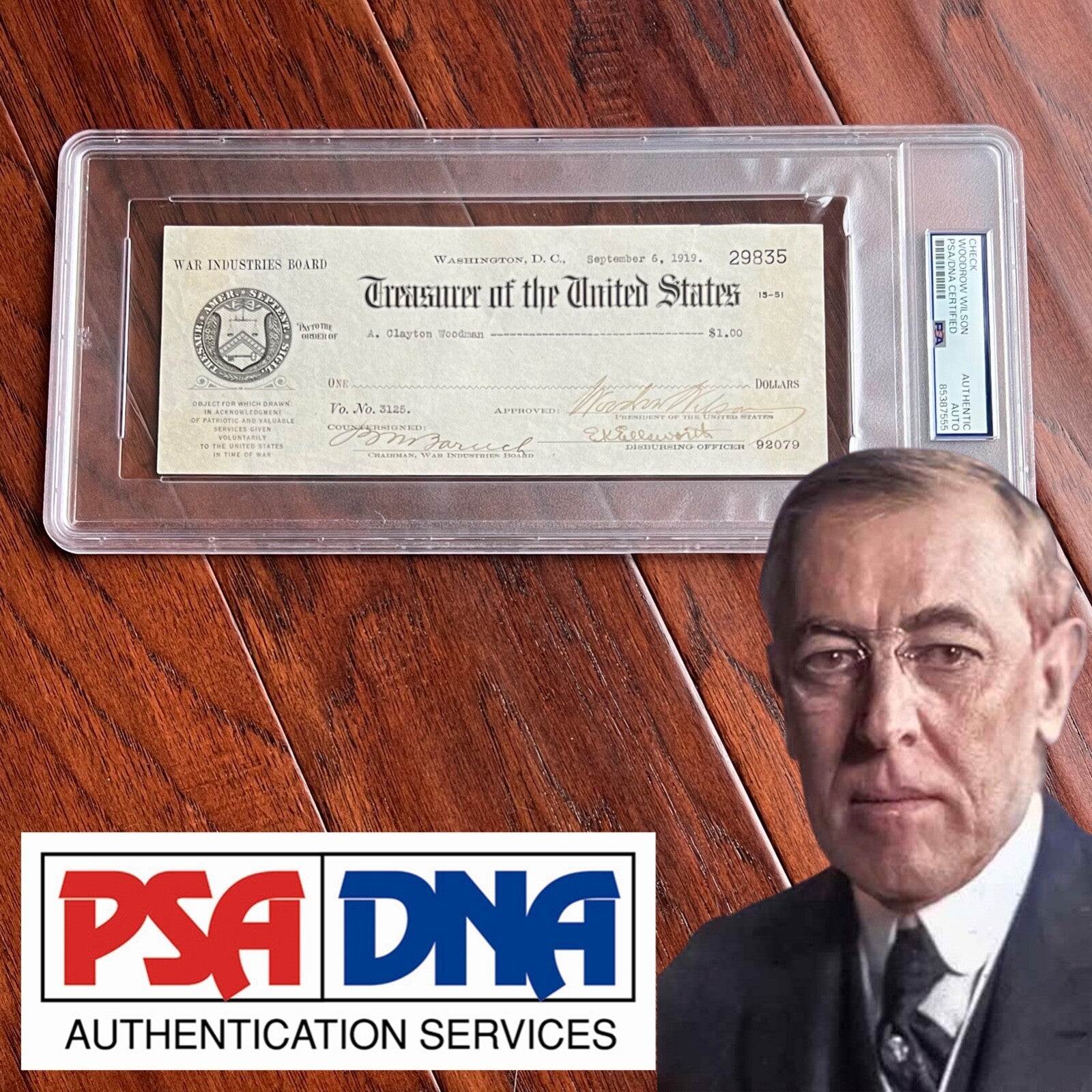WOODROW WILSON * Autograph Symbolic WWI $1 CHECK Signed as POTUS * Dollar