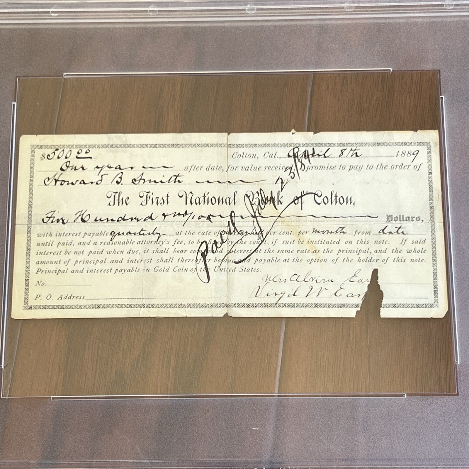 VIRGIL EARP * PSA * OK CORRAL Marshal AUTOGRAPH Loan Document SIGNED WYATT Bro