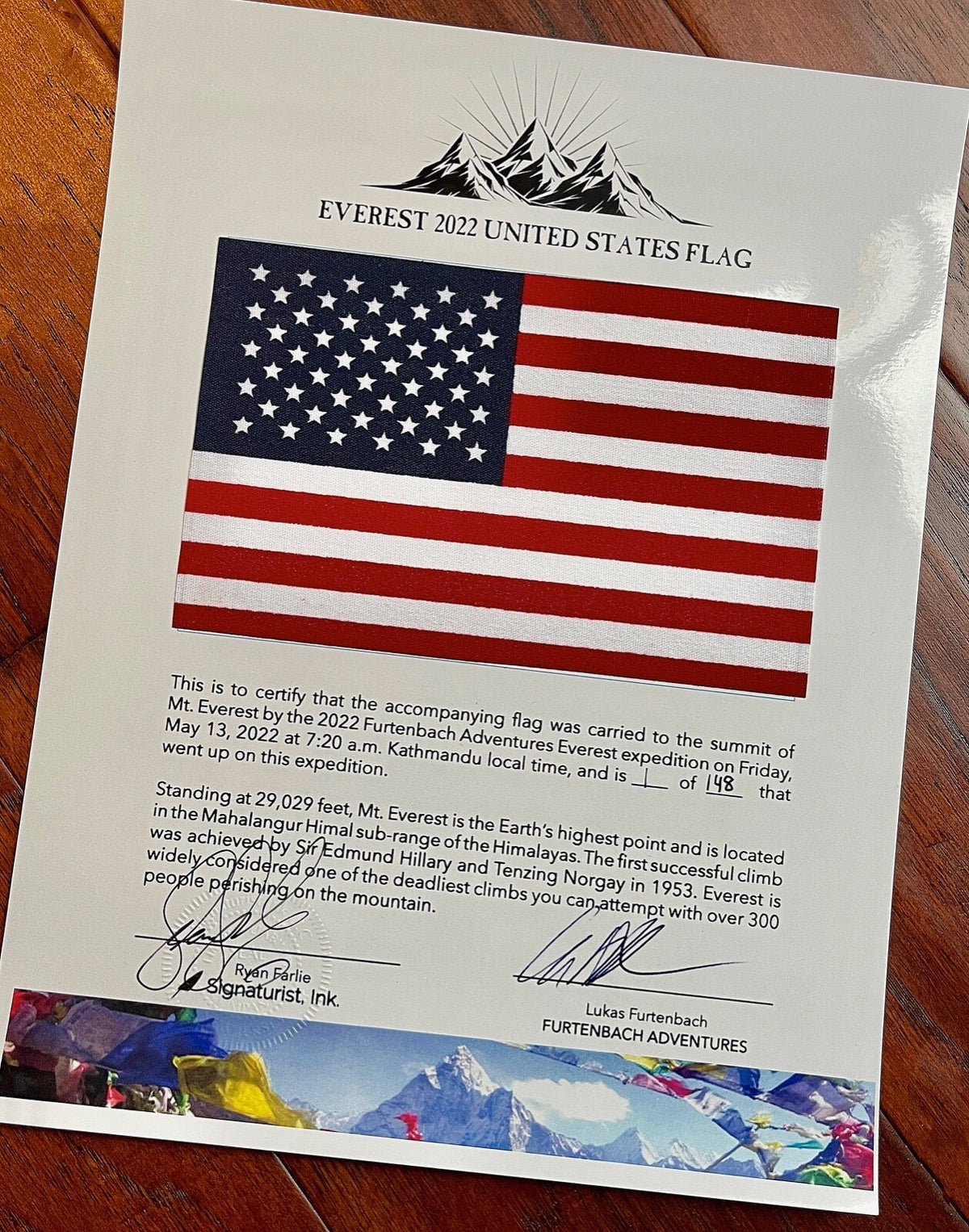 MOUNT EVEREST Genuine US Mini Flag ARTIFACT Carried to the Summit of MT 29029 FT