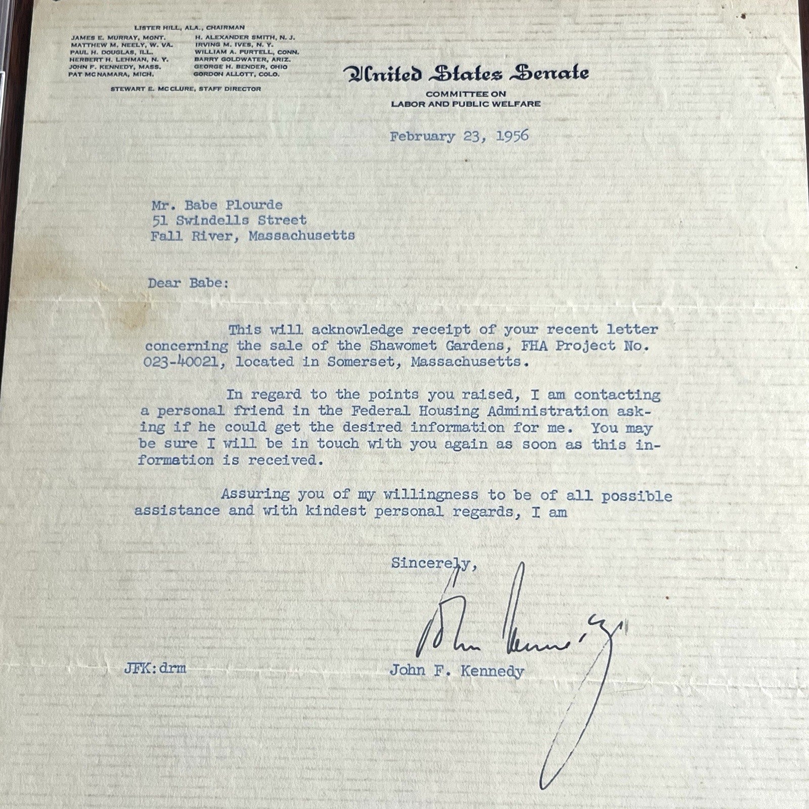 JOHN F. KENNEDY * PSA * Senate AUTOGRAPH WEDDING CAKE Letter SIGNED JFK