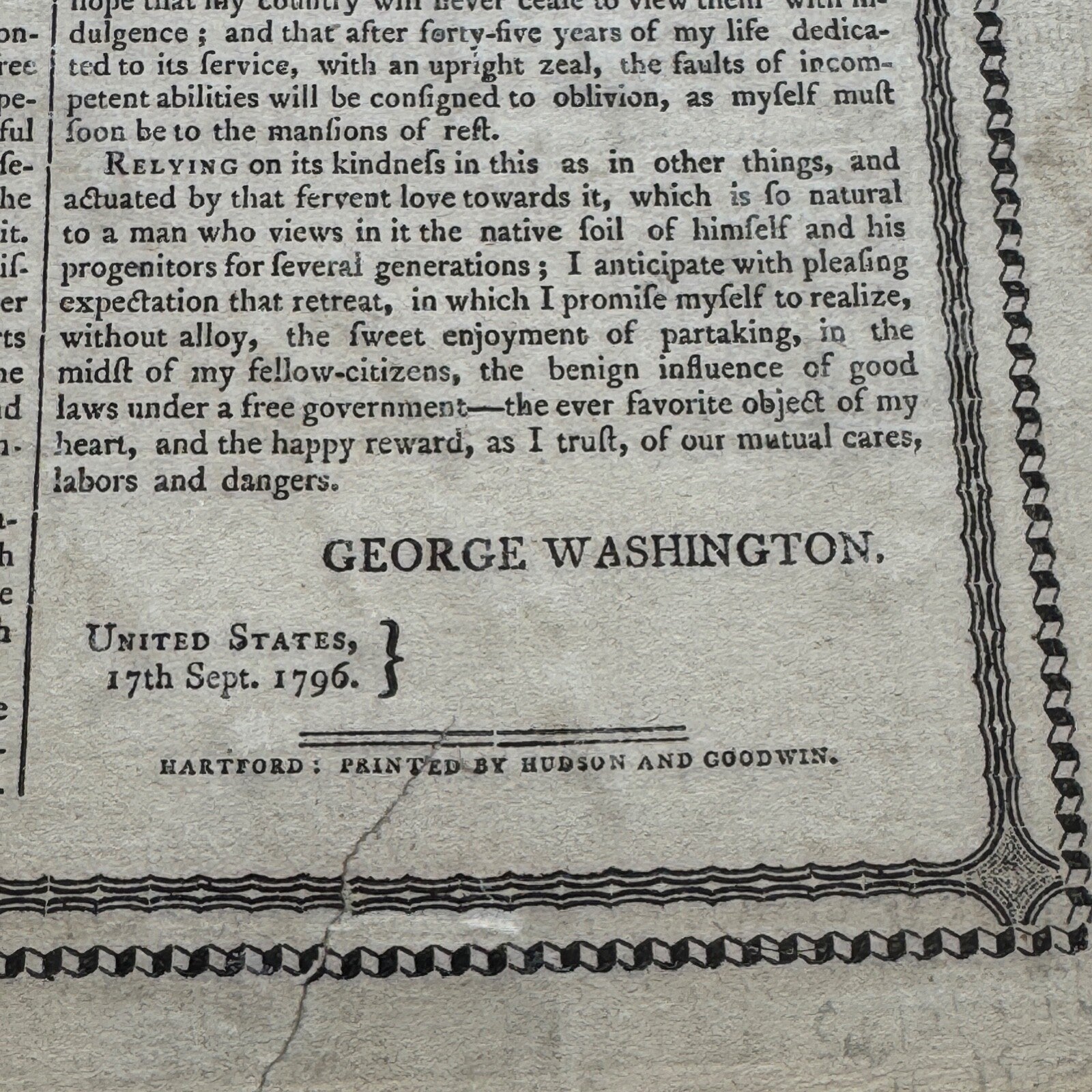 GEORGE WASHINGTON Scarce "FAREWELL ADDRESS" Printed Broadside Circa 1800
