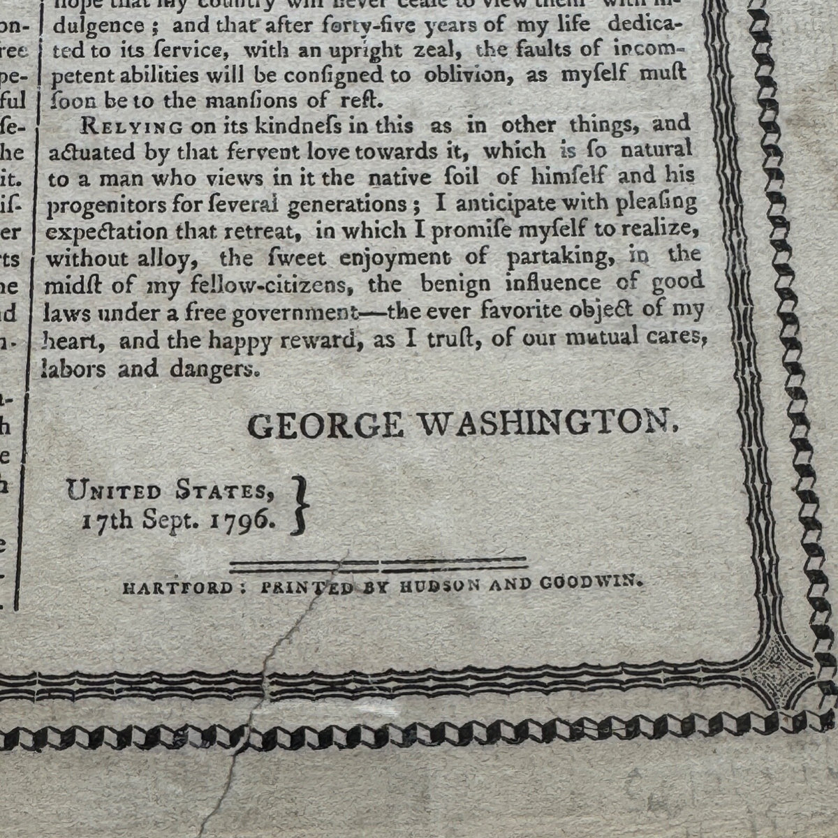 GEORGE WASHINGTON Scarce "FAREWELL ADDRESS" Printed Broadside Circa 1800