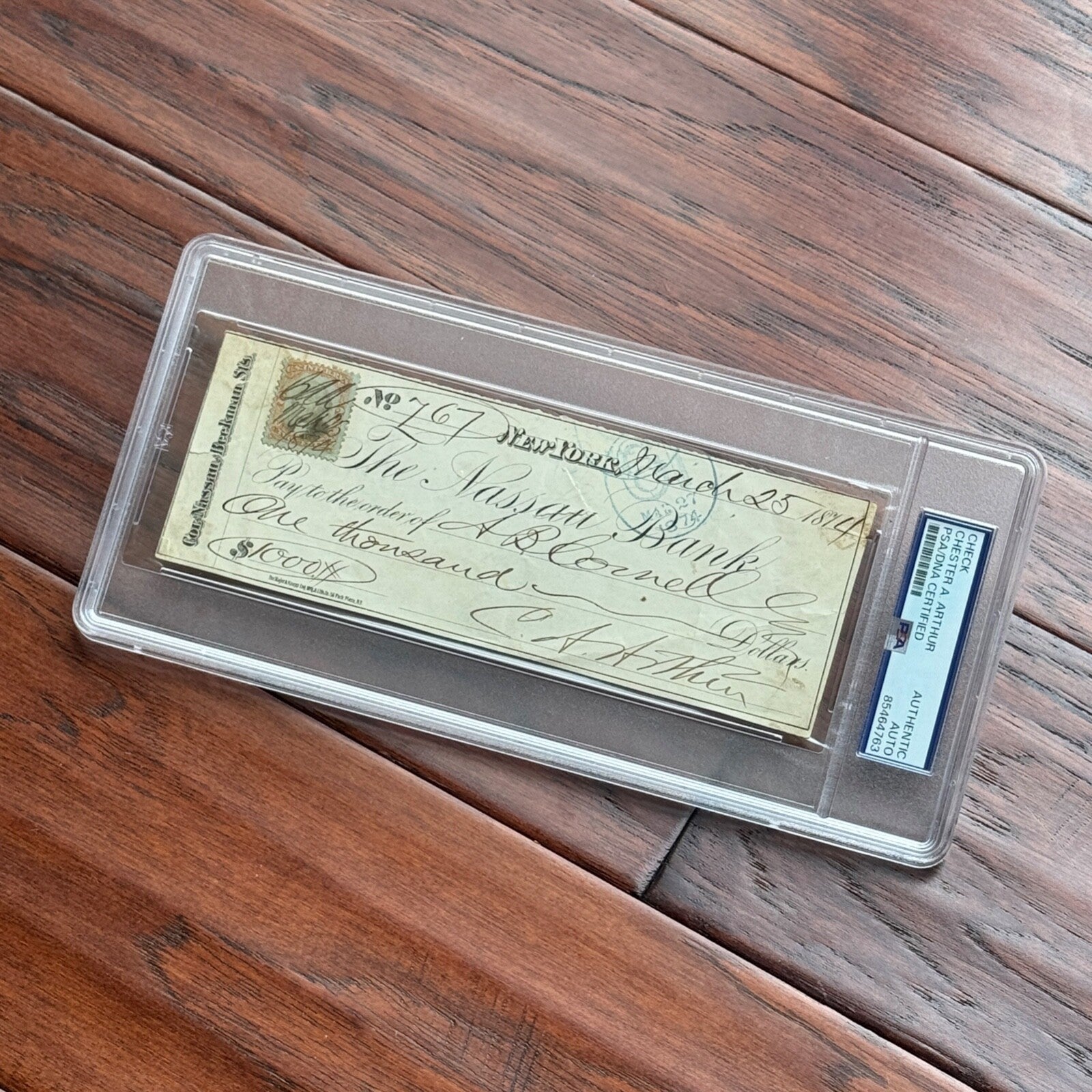 CHESTER ARTHUR * PSA/DNA * Autograph Handwritten Check Signed * NYC 1874