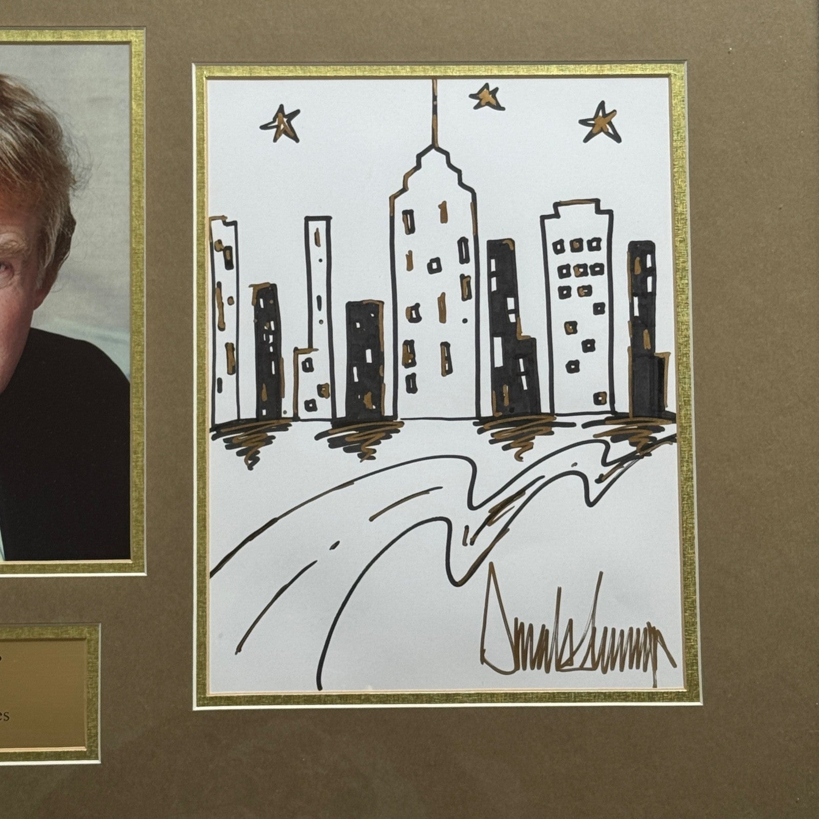 DONALD TRUMP * CHARITY DRAWING NYC SKYLINE SKETCH & SIGNED PHOTO AUTOGRAPH