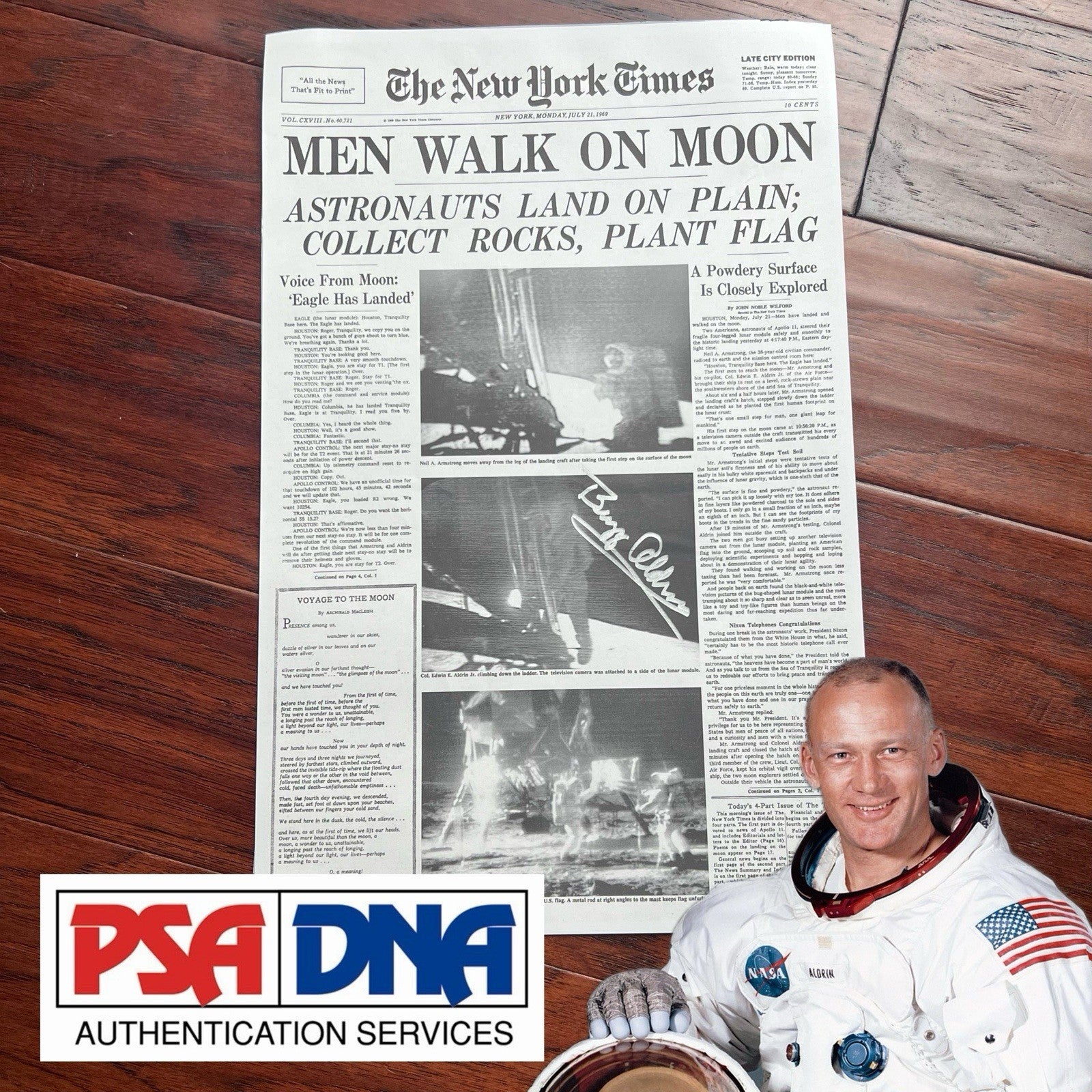 BUZZ ALDRIN * PSA * Signed New York Times Front Page Apollo 11 Autograph Poster