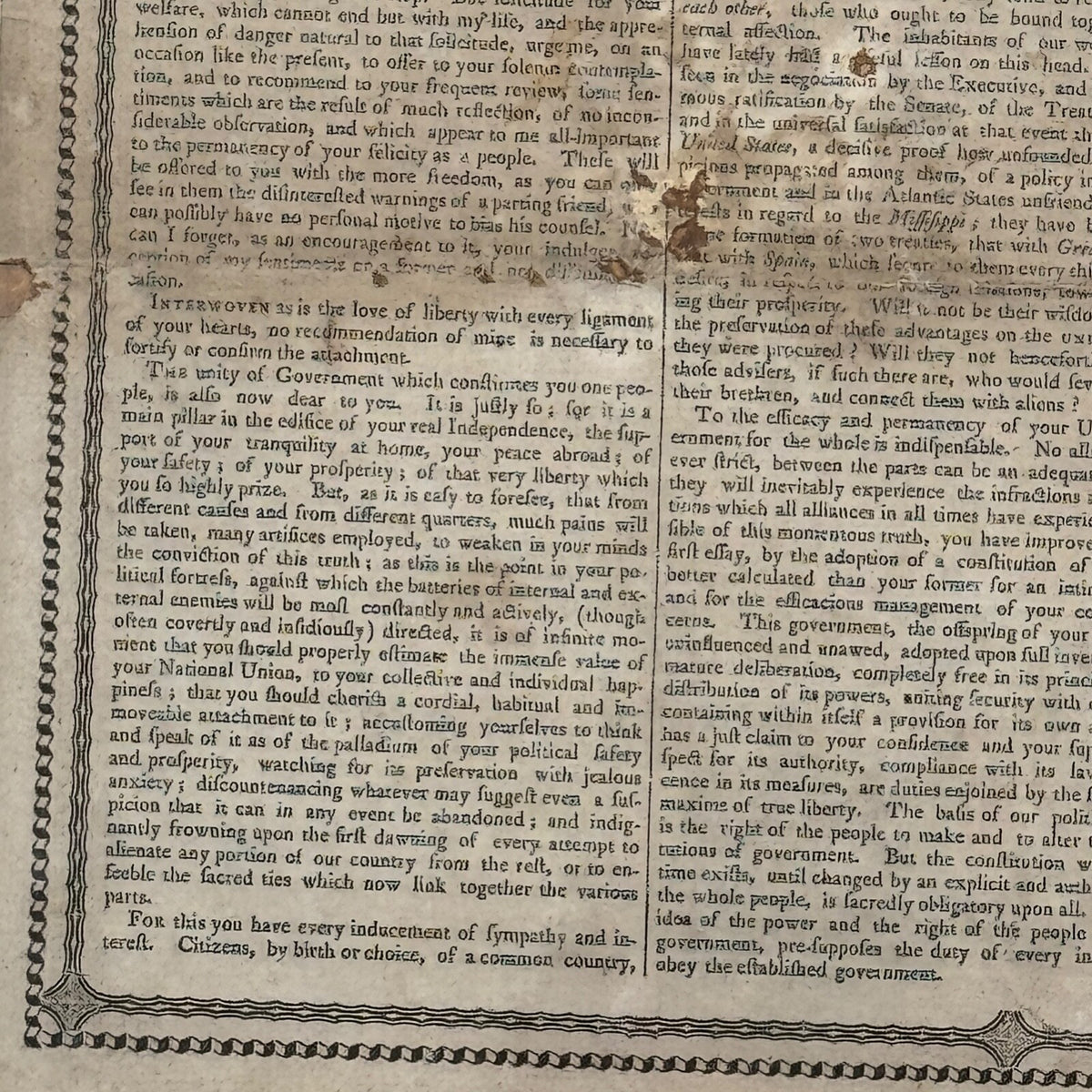 GEORGE WASHINGTON Scarce "FAREWELL ADDRESS" Printed Broadside Circa 1800