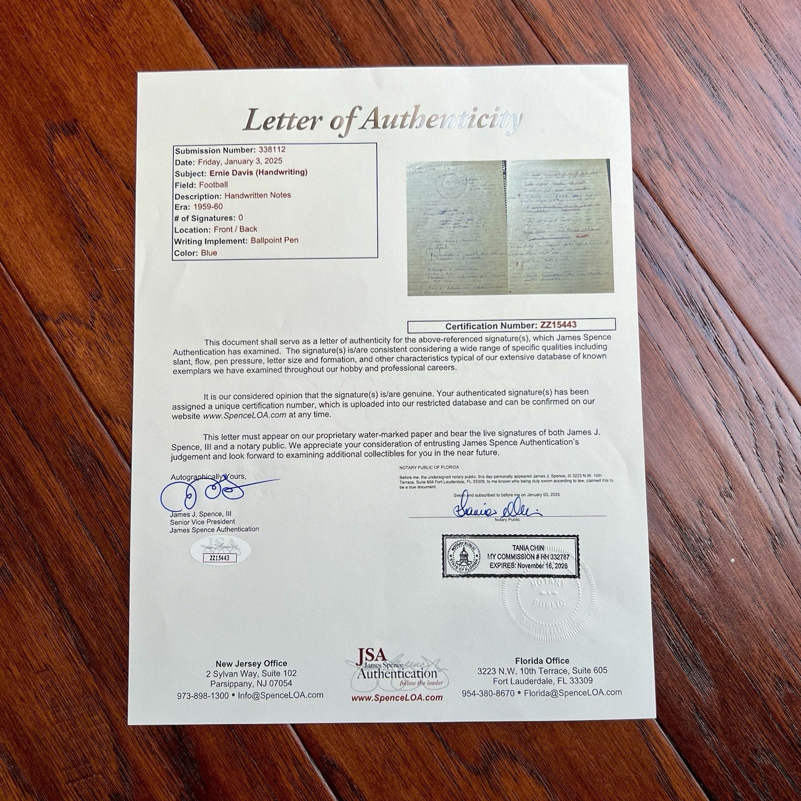 ERNIE DAVIS * JSA * Heisman Winner HANDWRITTEN NOTES not Autograph Signed BROWNS