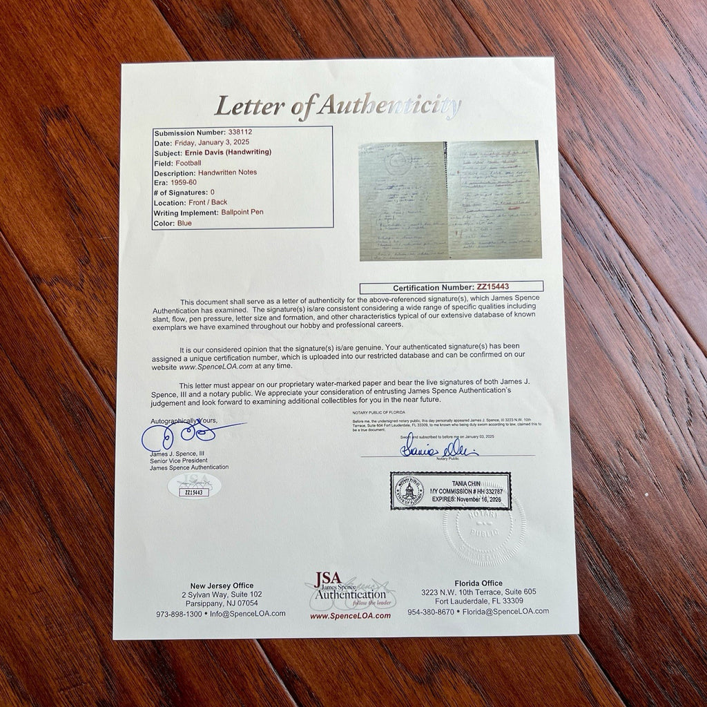 ERNIE DAVIS * JSA * Heisman Winner HANDWRITTEN NOTES not Autograph Signed BROWNS