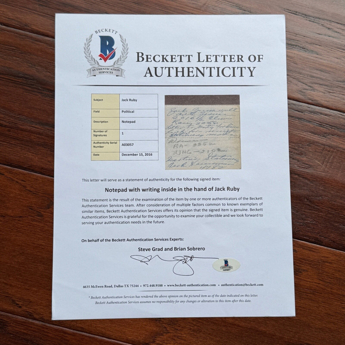 JACK RUBY * BAS * Oswald Shooter Mini HANDWRITTEN NOTEPAD * not Autograph Signed