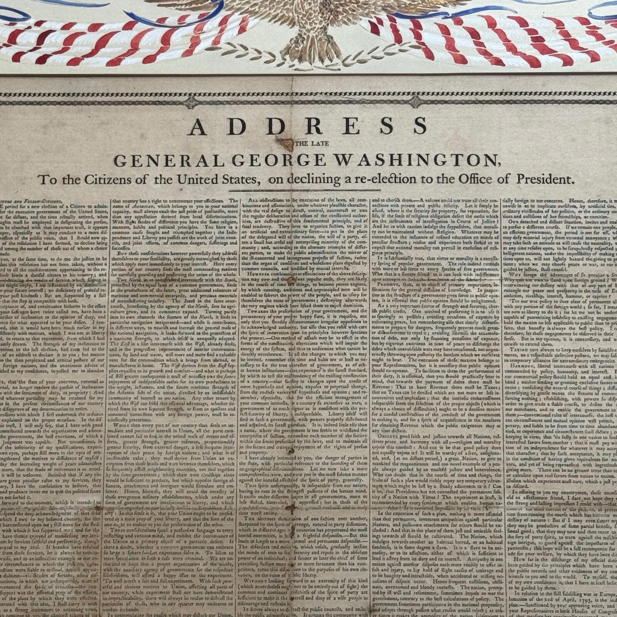 GEORGE WASHINGTON Scarce "FAREWELL ADDRESS" Printed Broadside Circa 1800