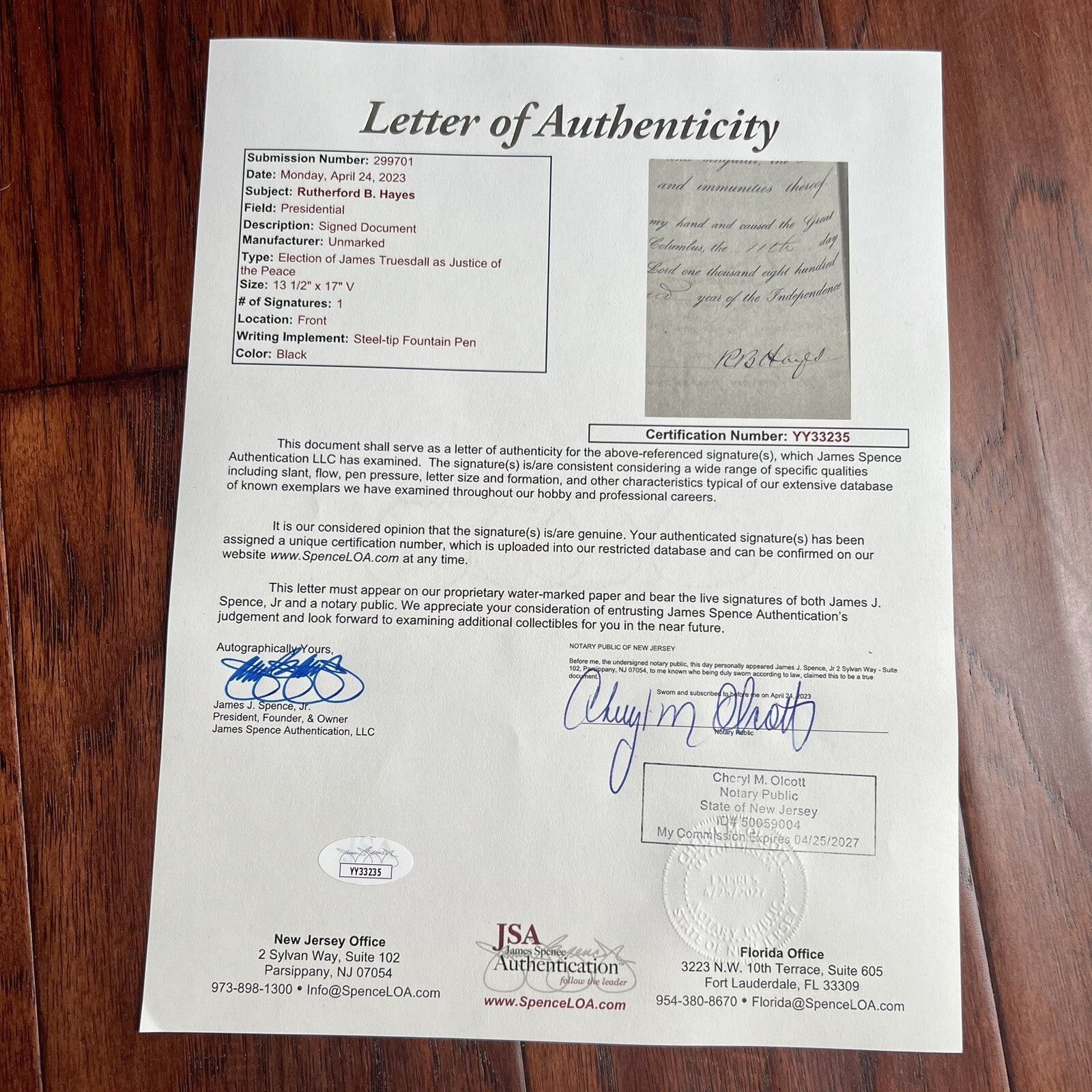 RUTHERFORD B. HAYES * JSA * Autograph State of Ohio Document Signed President