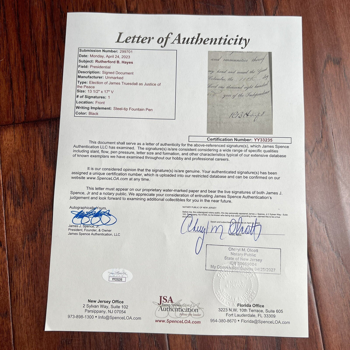 RUTHERFORD B. HAYES * JSA * Autograph State of Ohio Document Signed President