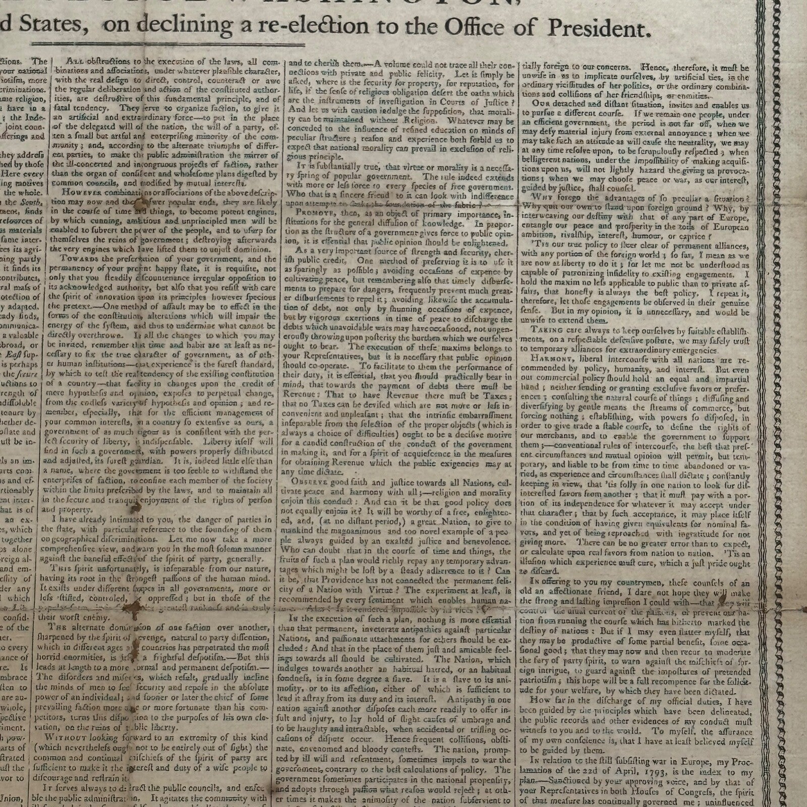 GEORGE WASHINGTON Scarce "FAREWELL ADDRESS" Printed Broadside Circa 1800