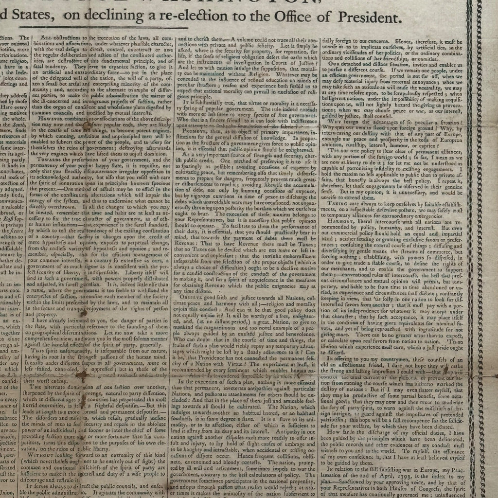 GEORGE WASHINGTON Scarce "FAREWELL ADDRESS" Printed Broadside Circa 1800