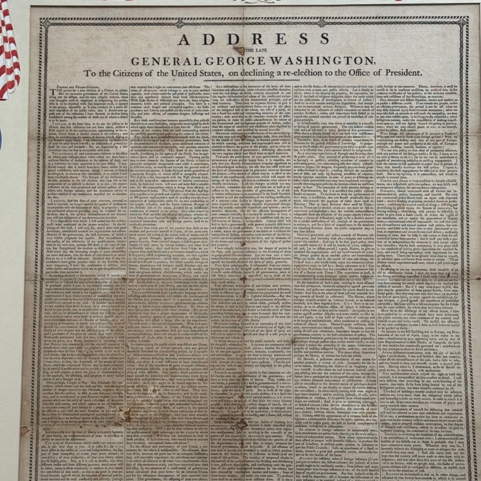GEORGE WASHINGTON Scarce "FAREWELL ADDRESS" Printed Broadside Circa 1800