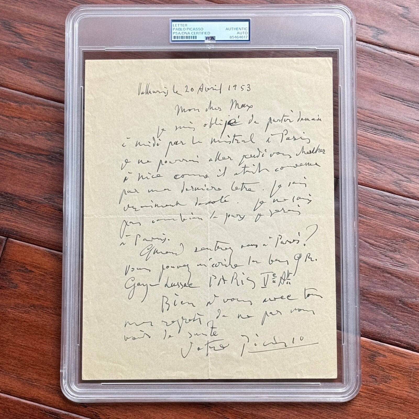 PABLO PICASSO * PSA/DNA * Handwritten AUTOGRAPH Letter SIGNED * PARIS 1953