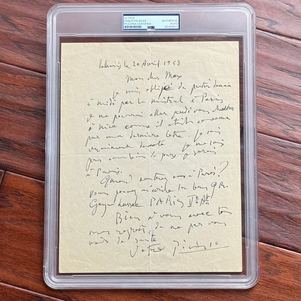 PABLO PICASSO * PSA/DNA * Handwritten AUTOGRAPH Letter SIGNED * PARIS 1953