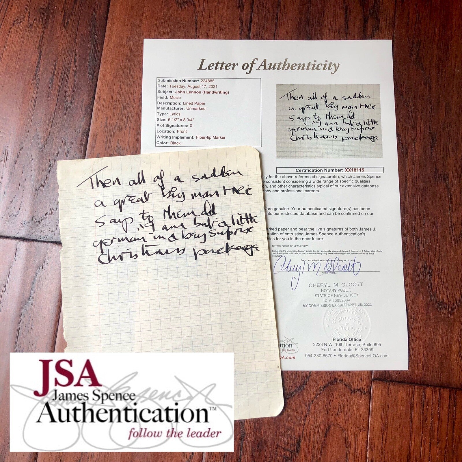 JOHN LENNON * JSA LOA * Handwritten Autograph Prose Poem Lyrics * Not Signed