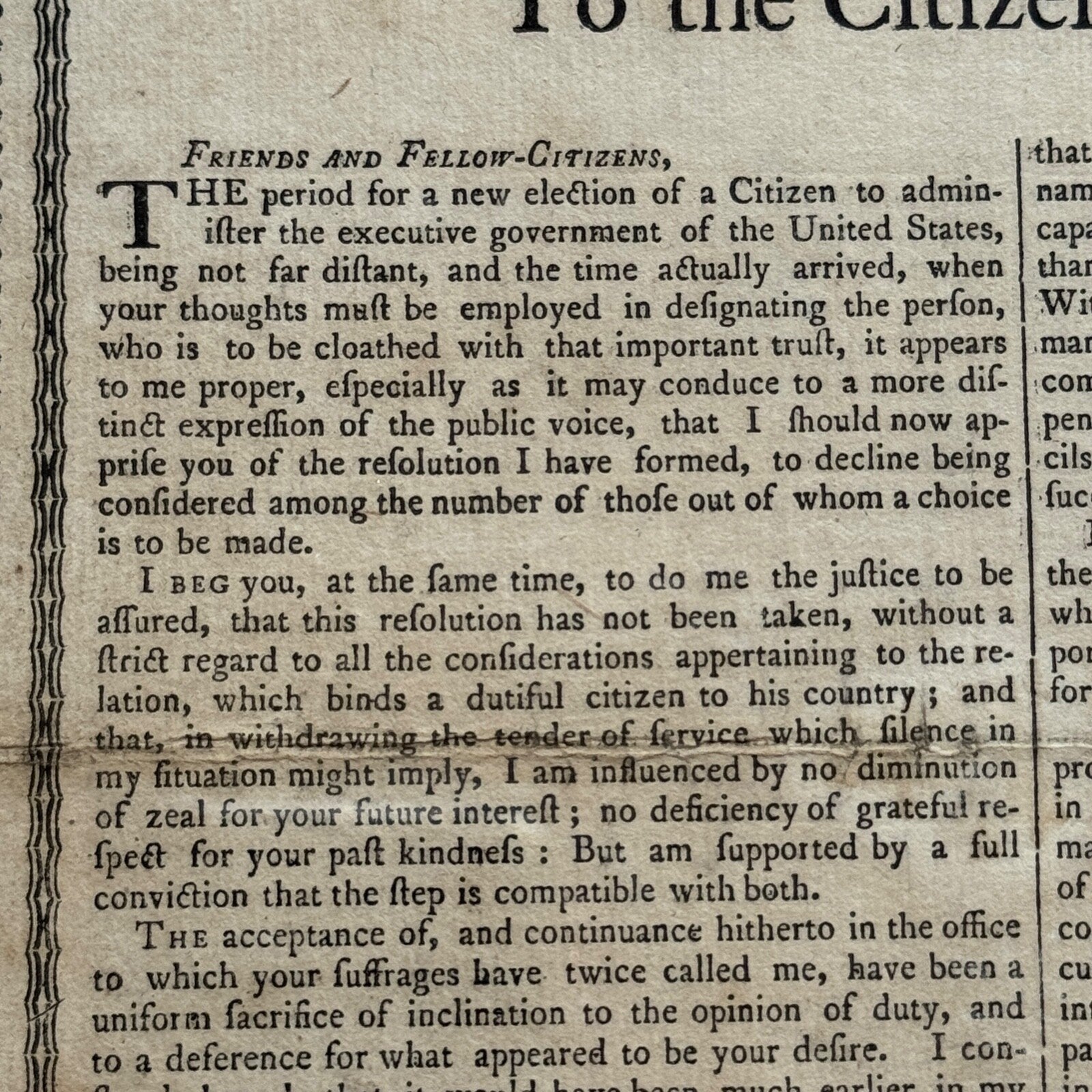 GEORGE WASHINGTON Scarce "FAREWELL ADDRESS" Printed Broadside Circa 1800
