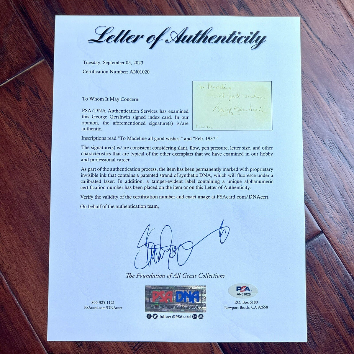 GEORGE GERSHWIN * PSA/DNA * Autograph Card Signed 5 Months Before Death in 1937