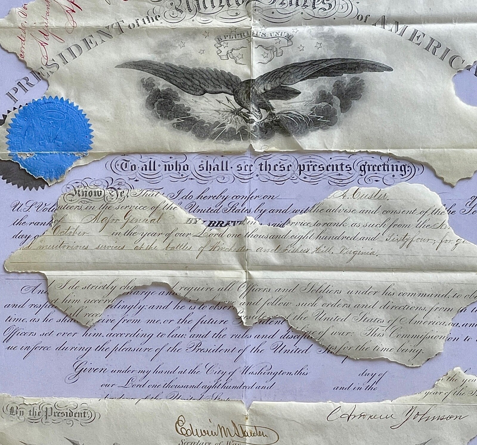 GEORGE CUSTER * PSA * Autograph MAJOR GEN. Promotion Signed by ANDREW JOHNSON