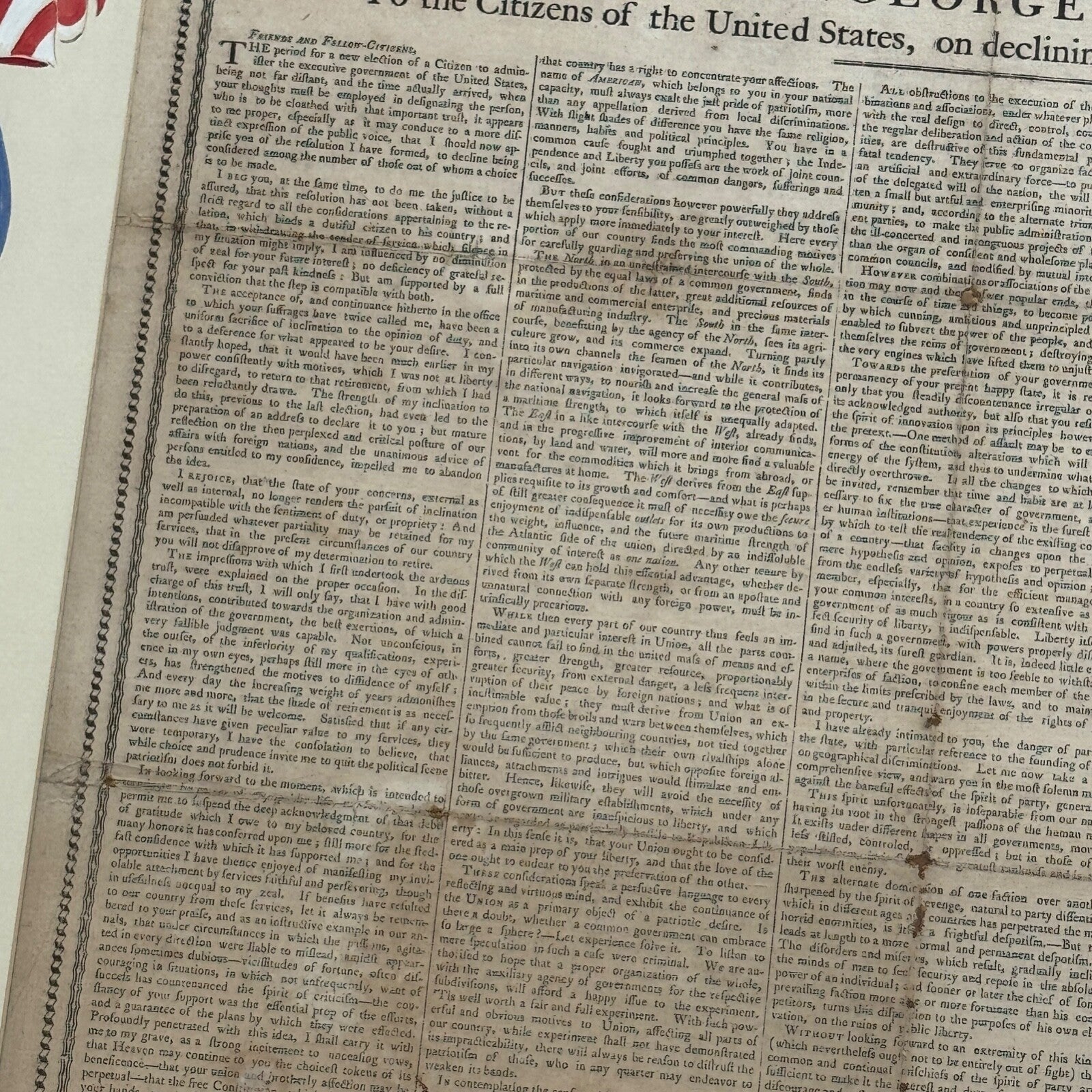 GEORGE WASHINGTON Scarce "FAREWELL ADDRESS" Printed Broadside Circa 1800