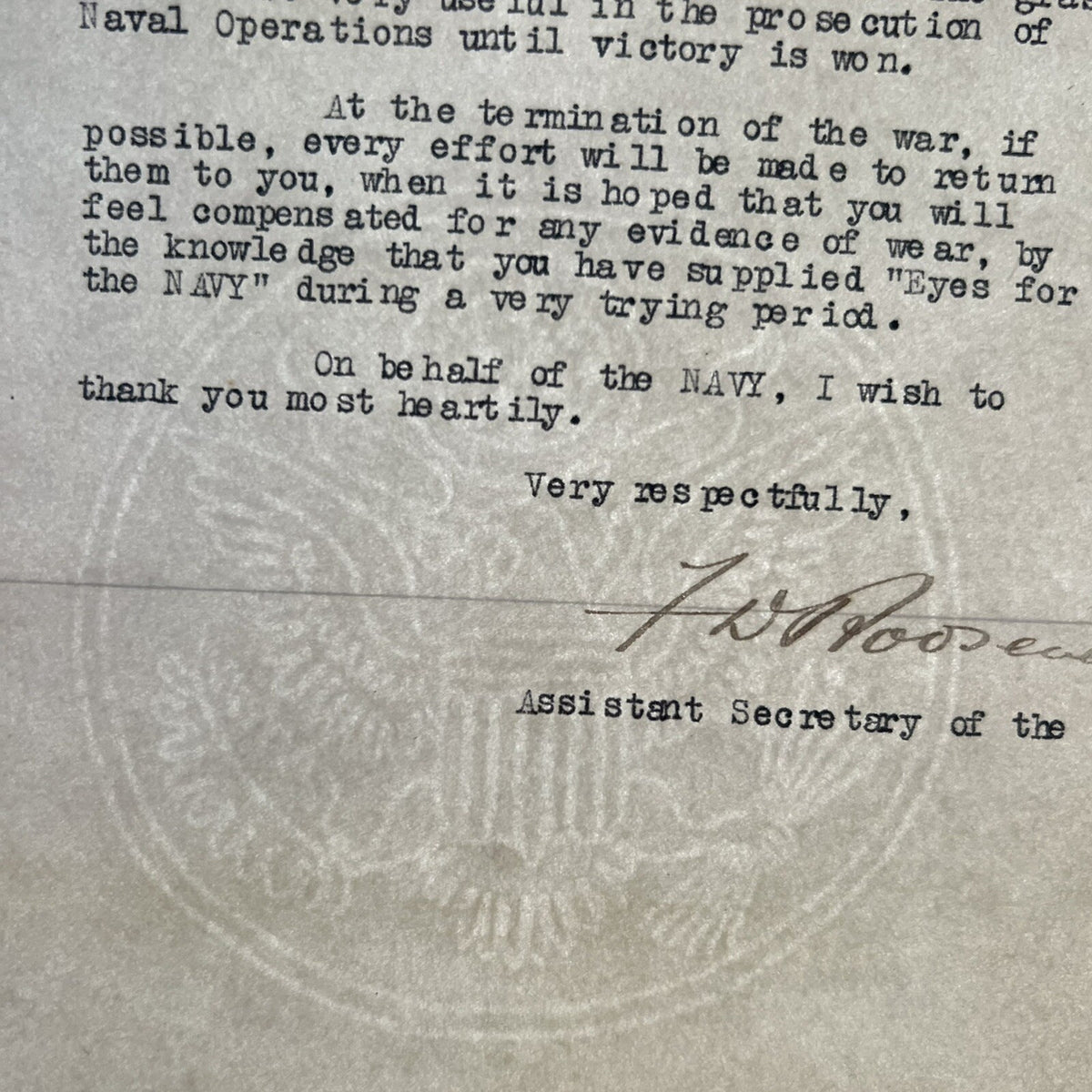 FRANKLIN D. ROOSEVELT * JSA * Autograph Signed Letter for Binoculars Used in WWI