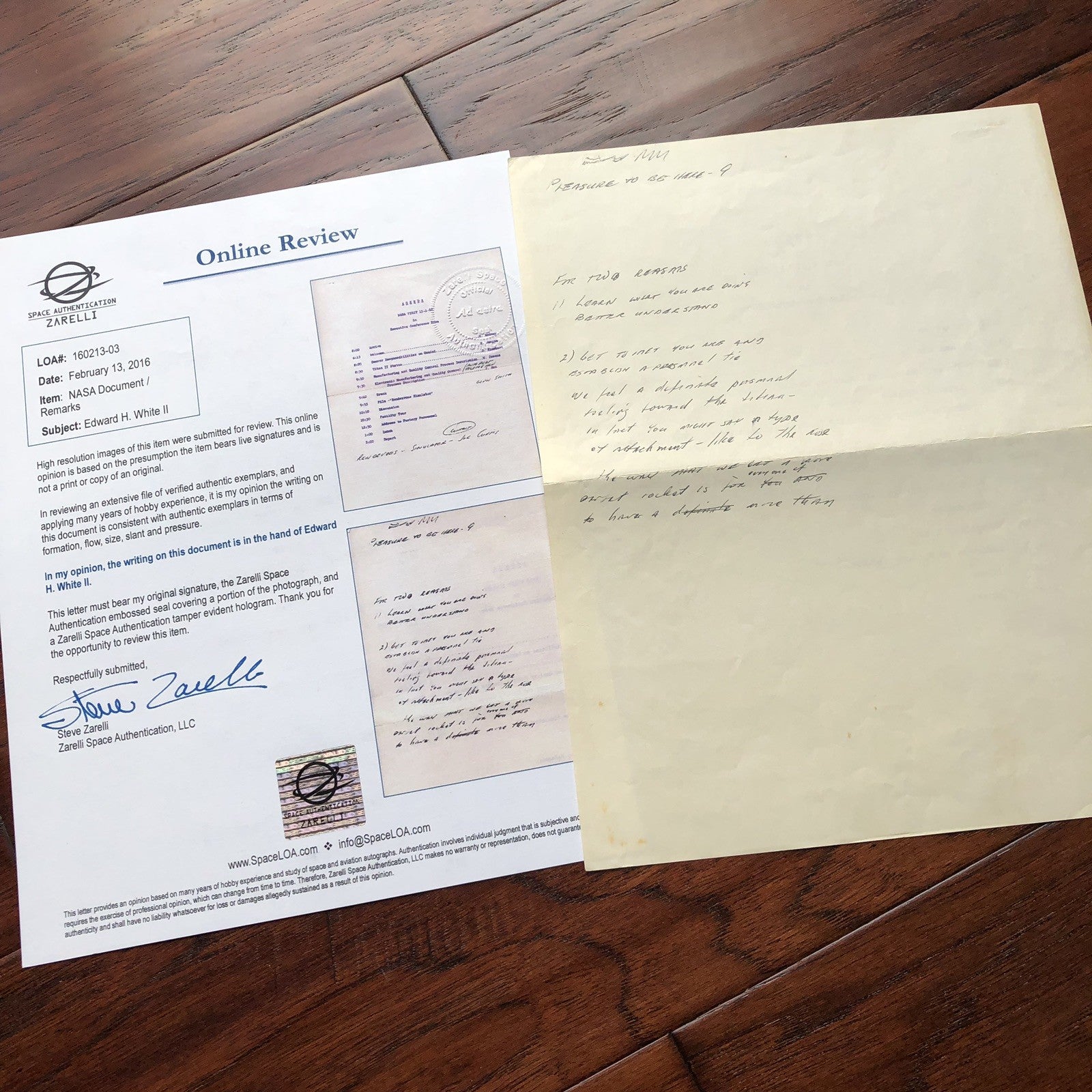 EDWARD H WHITE * Zarelli LOA * NASA ORIENTATION PAPERS + Autograph SPEECH 
