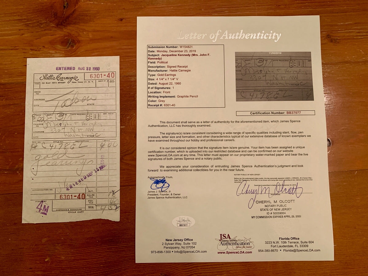 JACQUELINE KENNEDY * JSA * "Mrs. John F. Kennedy" Double (2x) AUTOGRAPH Receipt