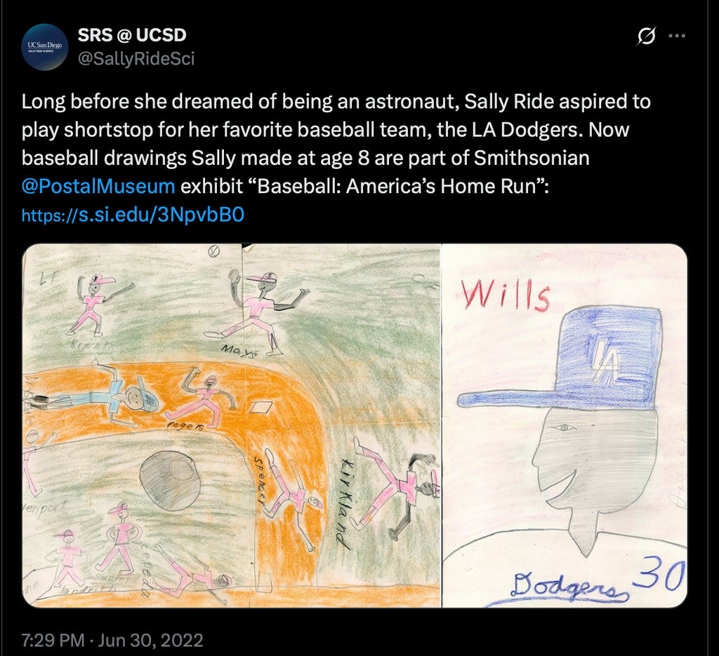 SALLY RIDE * Ride Estate Signed COA * Childhood DODGERS Drawing EX: Smithsonian