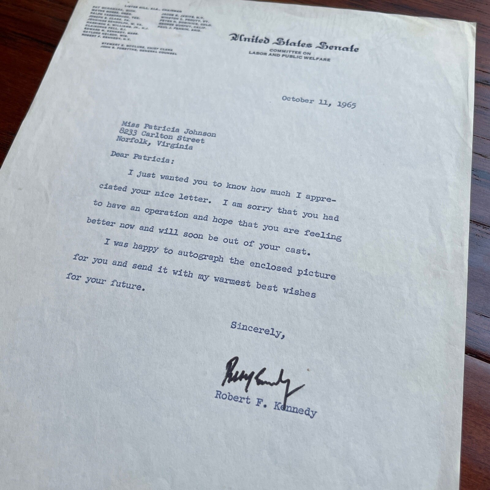 ROBERT F. KENNEDY * JSA * Autograph U.S. SENATE Letter SIGNED * RFK