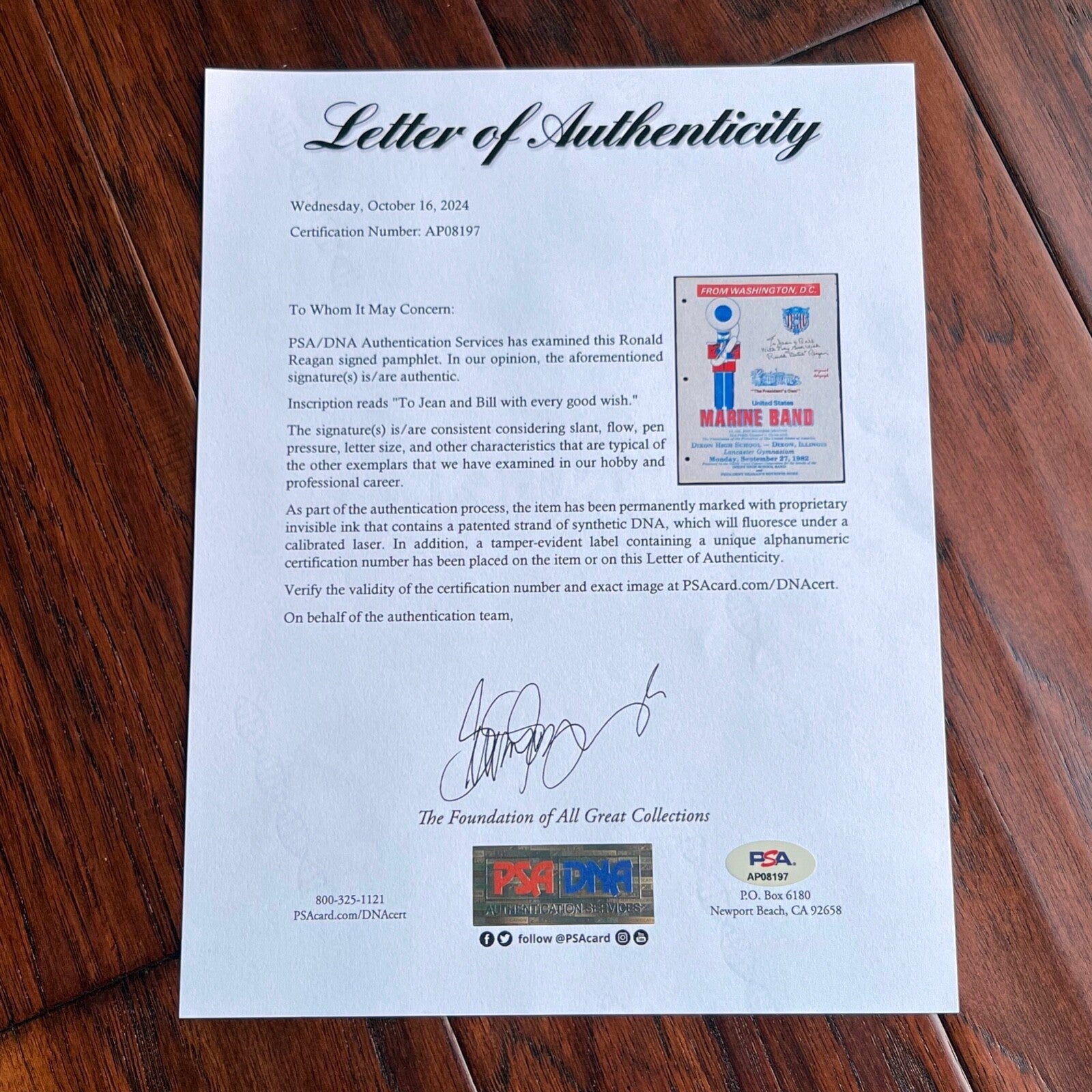 RONALD REAGAN * PSA * Autograph PRESIDENT'S MARINE BAND Program Signed