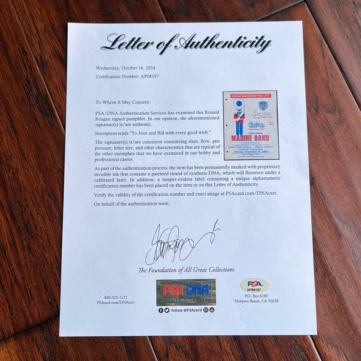 RONALD REAGAN * PSA * Autograph PRESIDENT'S MARINE BAND Program Signed