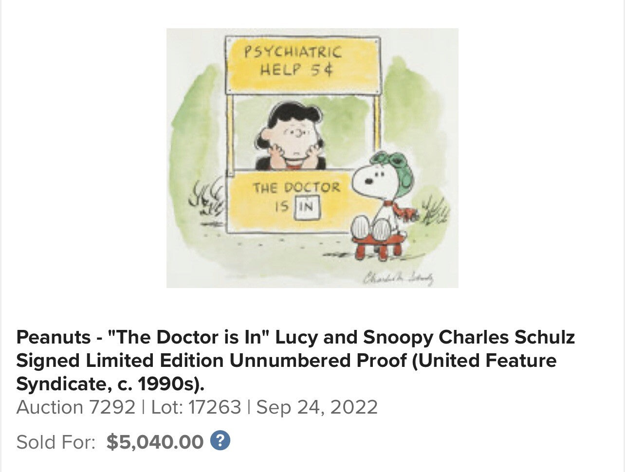 CHARLES SCHULZ * Limited Edition Lithograph Print Signed Doctor Is In Autograph