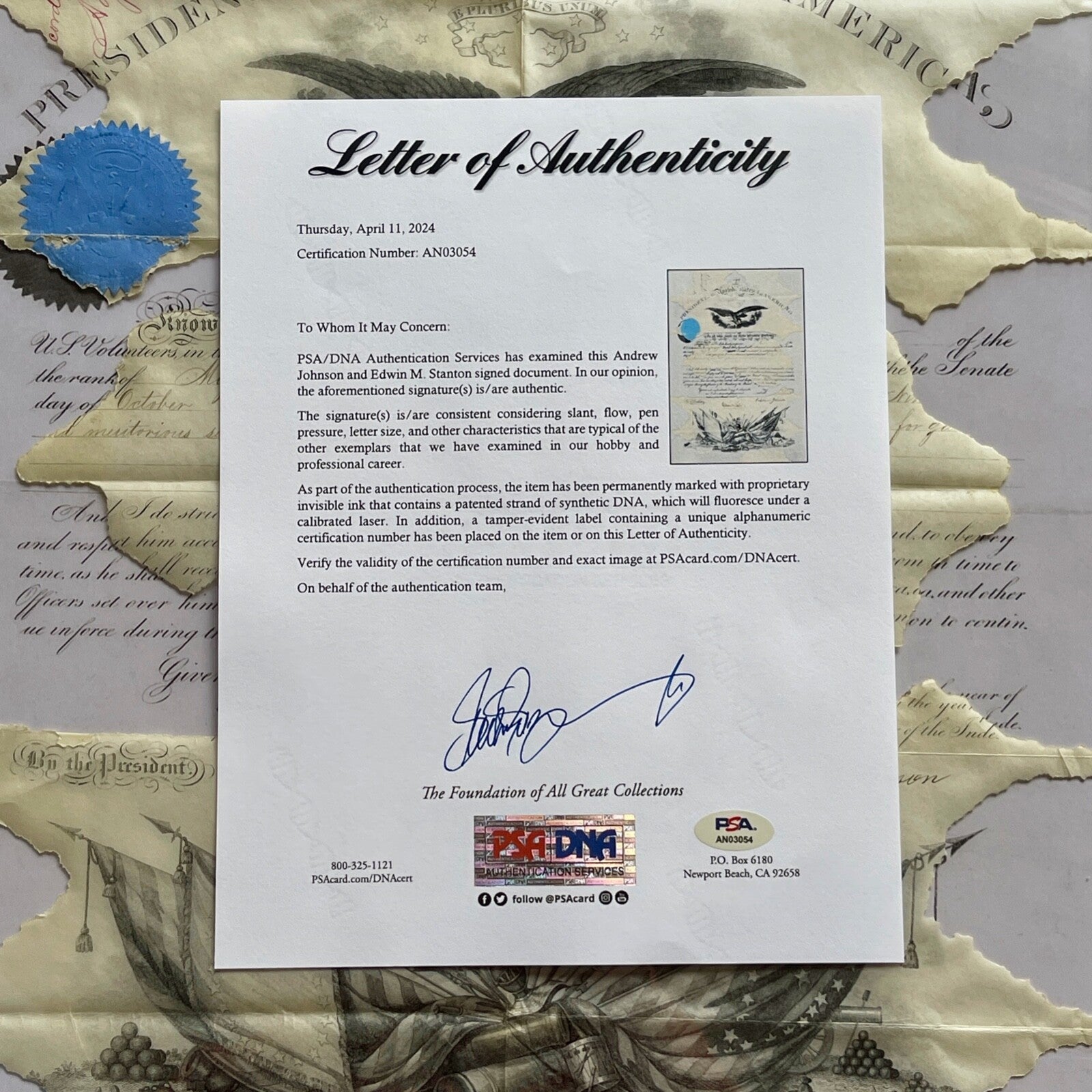 GEORGE CUSTER * PSA * Autograph MAJOR GEN. Promotion Signed by ANDREW JOHNSON