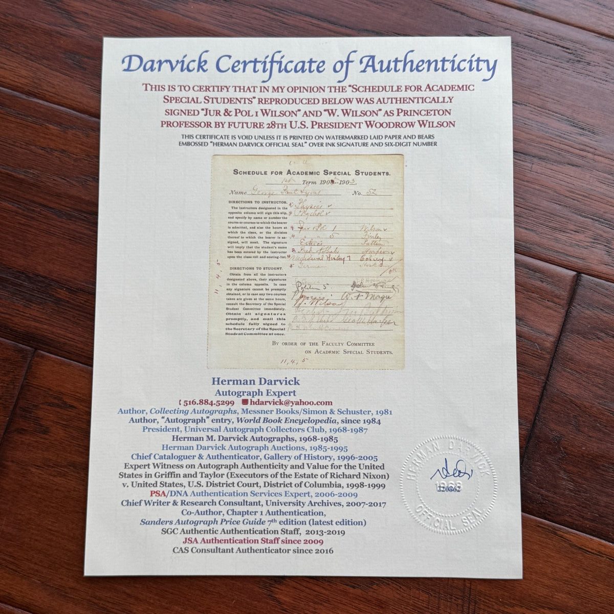 WOODROW WILSON  * JSA * Autograph PRINCETON Academic Schedule SIGNED 2x